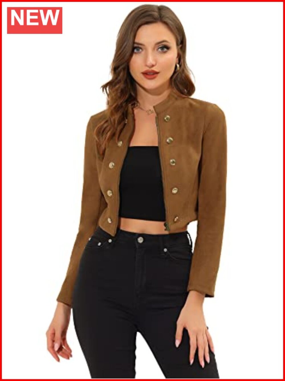 Faux Suede Cropped Double Breasted Moto Jacket Stand Collar Zip Up